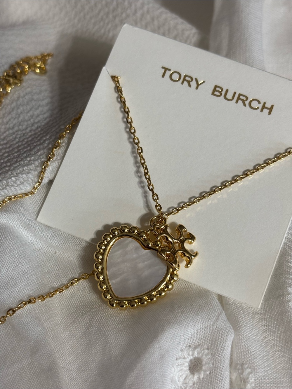 Tory Burch Gold Heart Pendant Necklace with Mother-of-Pearl Inlay